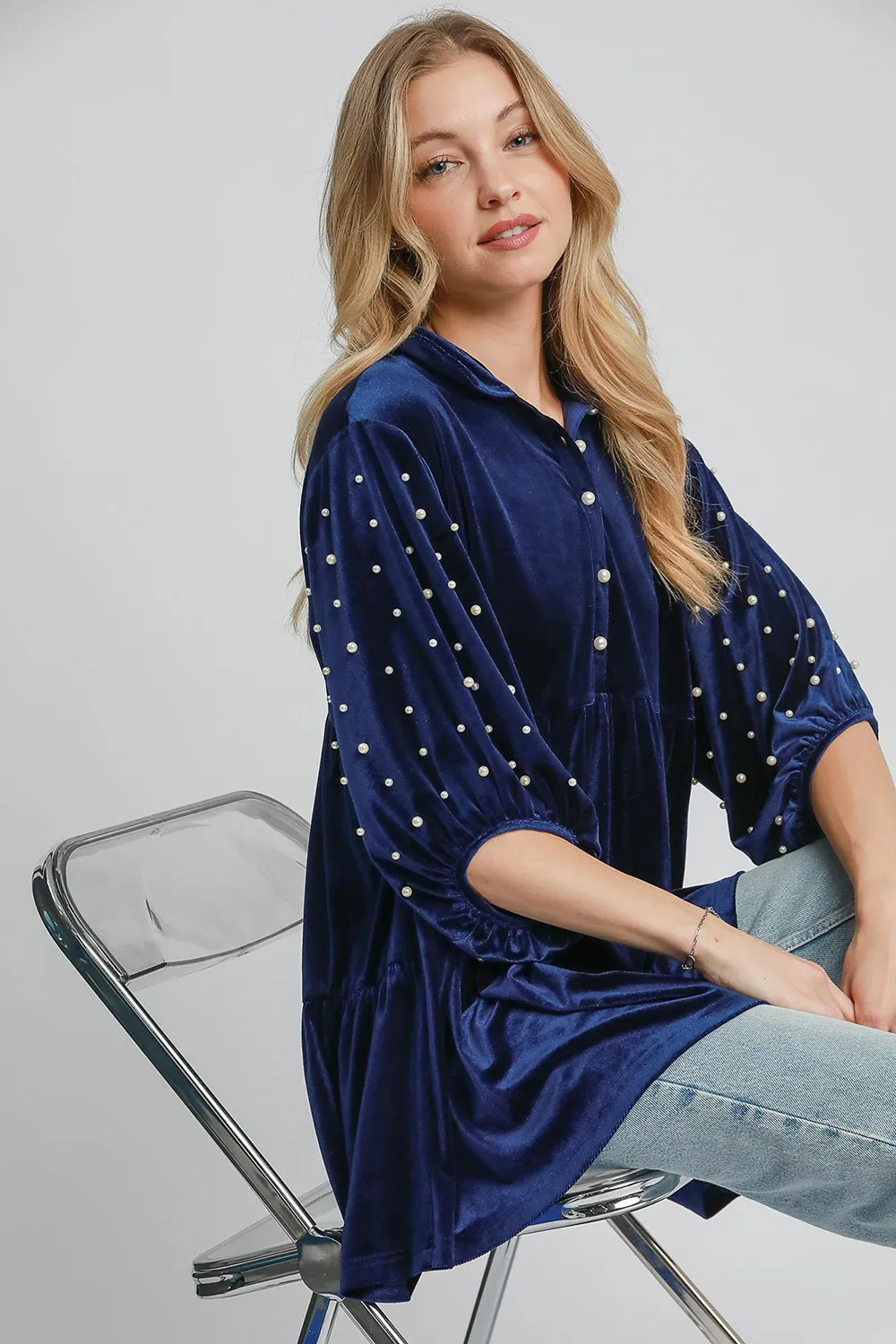Pearl Detail Collared Neck Velvet Babydoll Blouse, image 3