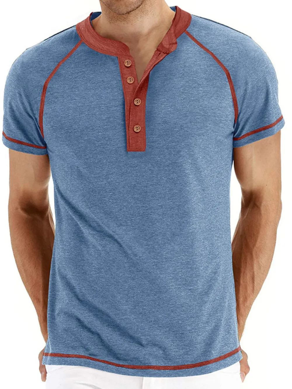 Men's Casual Henley Polo T-Shirt with Contrast Stitching, image 9