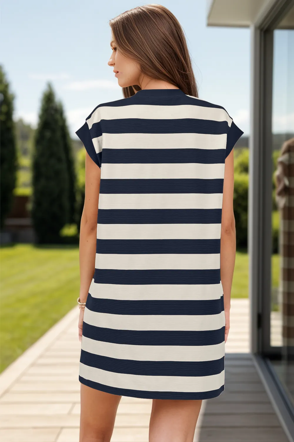 Striped Round Neck Cap Sleeve Mini Dress, image 6