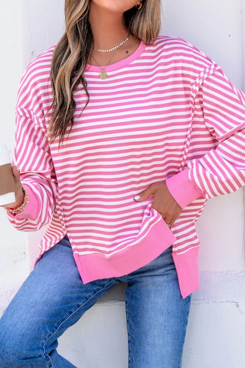 Stripe Textured Knit Color Block Trim Split Hem Long Sleeve Top, image 9