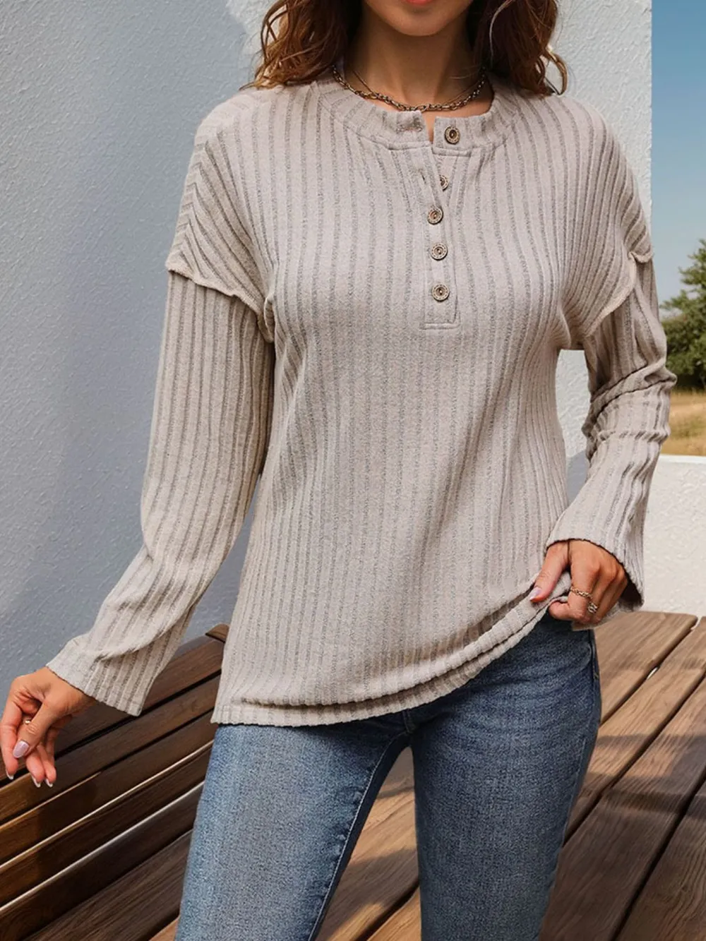 Slit Half Button Long Sleeve T-Shirt, image 5