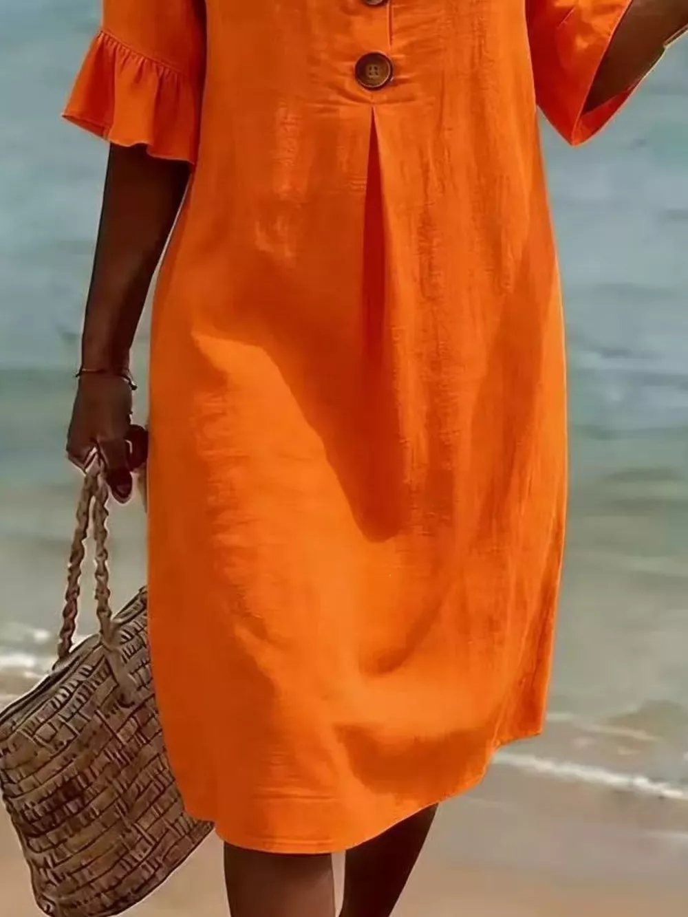 Full Size Button Decor Flounce Sleeve Dress Plus Size, image 12