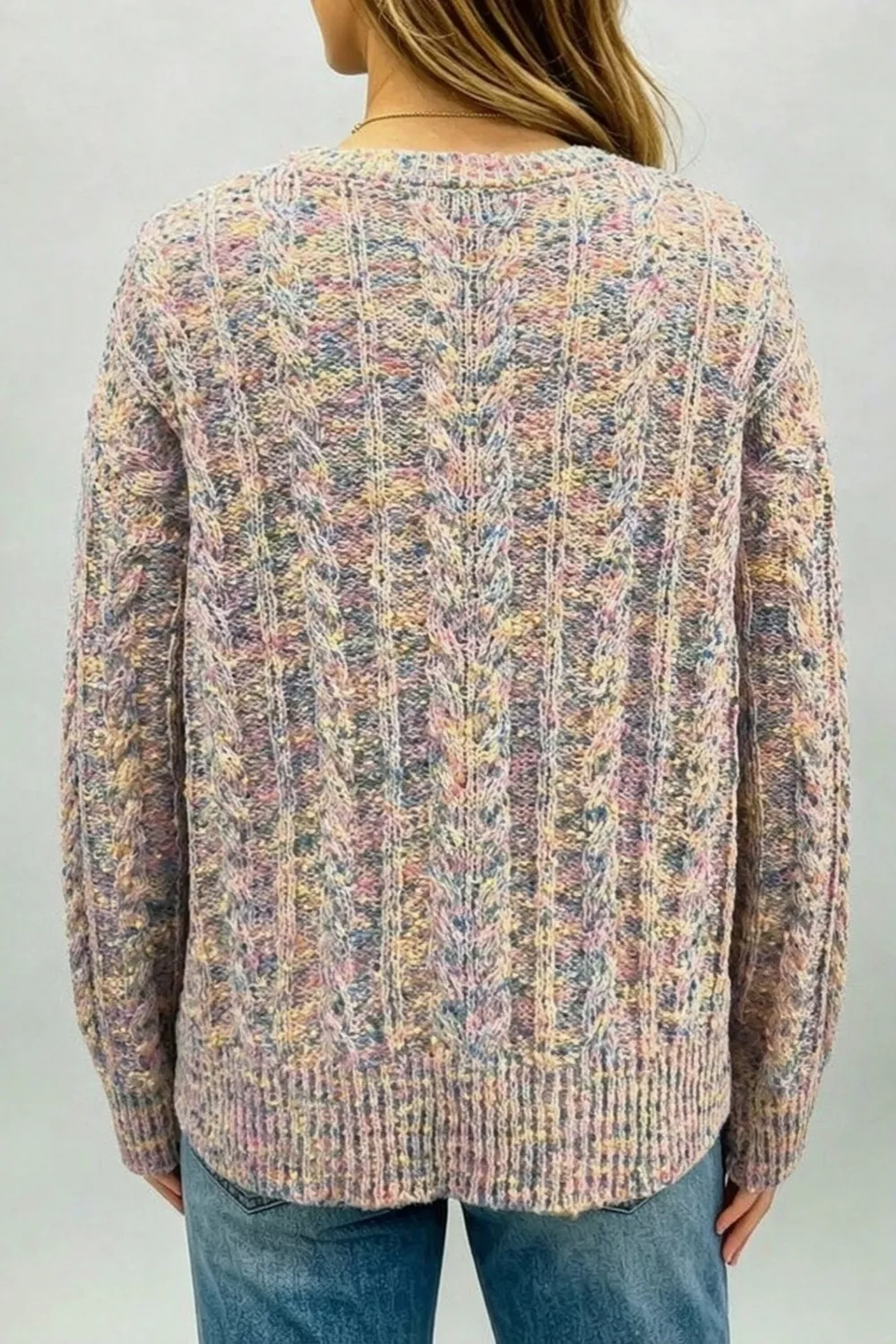 Multicolor Cable Knit Dropped Shoulder Sweater, image 2