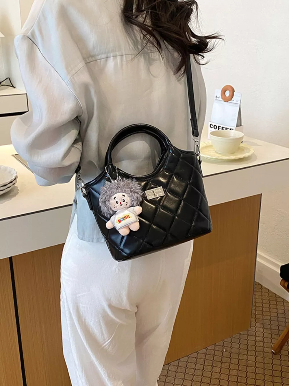 Quilted Crossbody Bag with Plush Charm, image 8