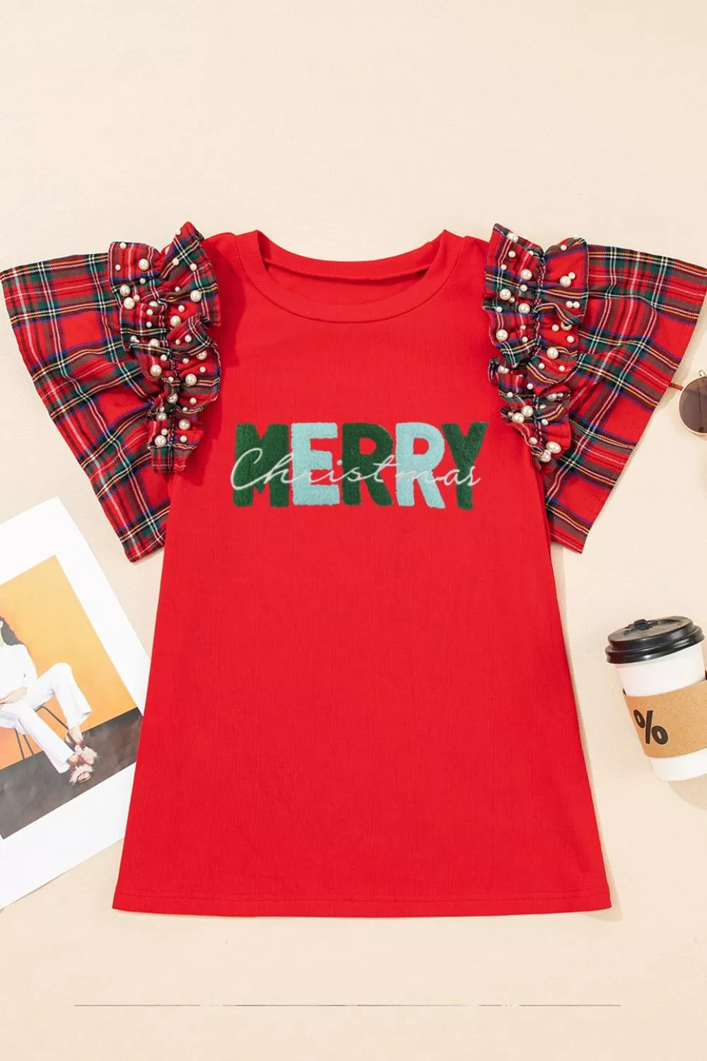 MERRY Plaid Ruffled Cap Sleeve Christmas Knit Top, image 4