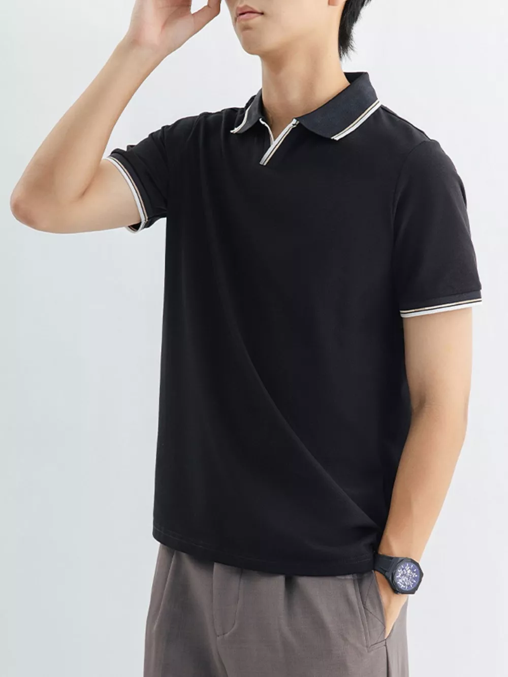 Men's Plus Size Casual Slim-Fit Striped Trim Polo, image 4