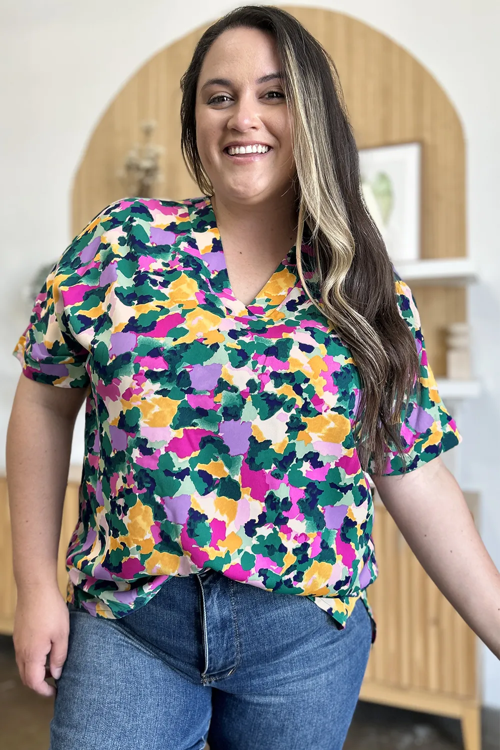 Full Size Printed V-Neck Short Sleeve Side Slit Top, image 10
