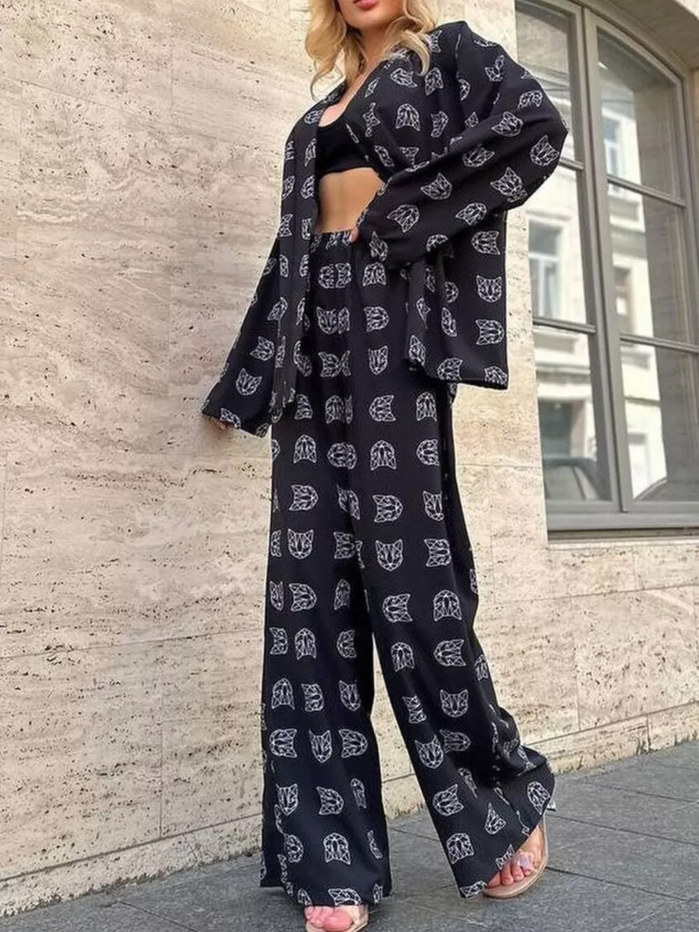 Open Front Cat Print Shirt and Pants Set, image 2