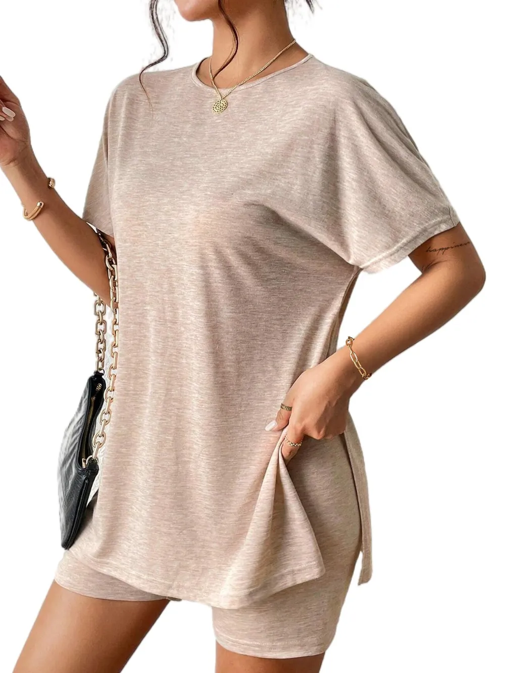 Slit Round Neck Short Sleeve Oversized Top and Shorts Set, image 5
