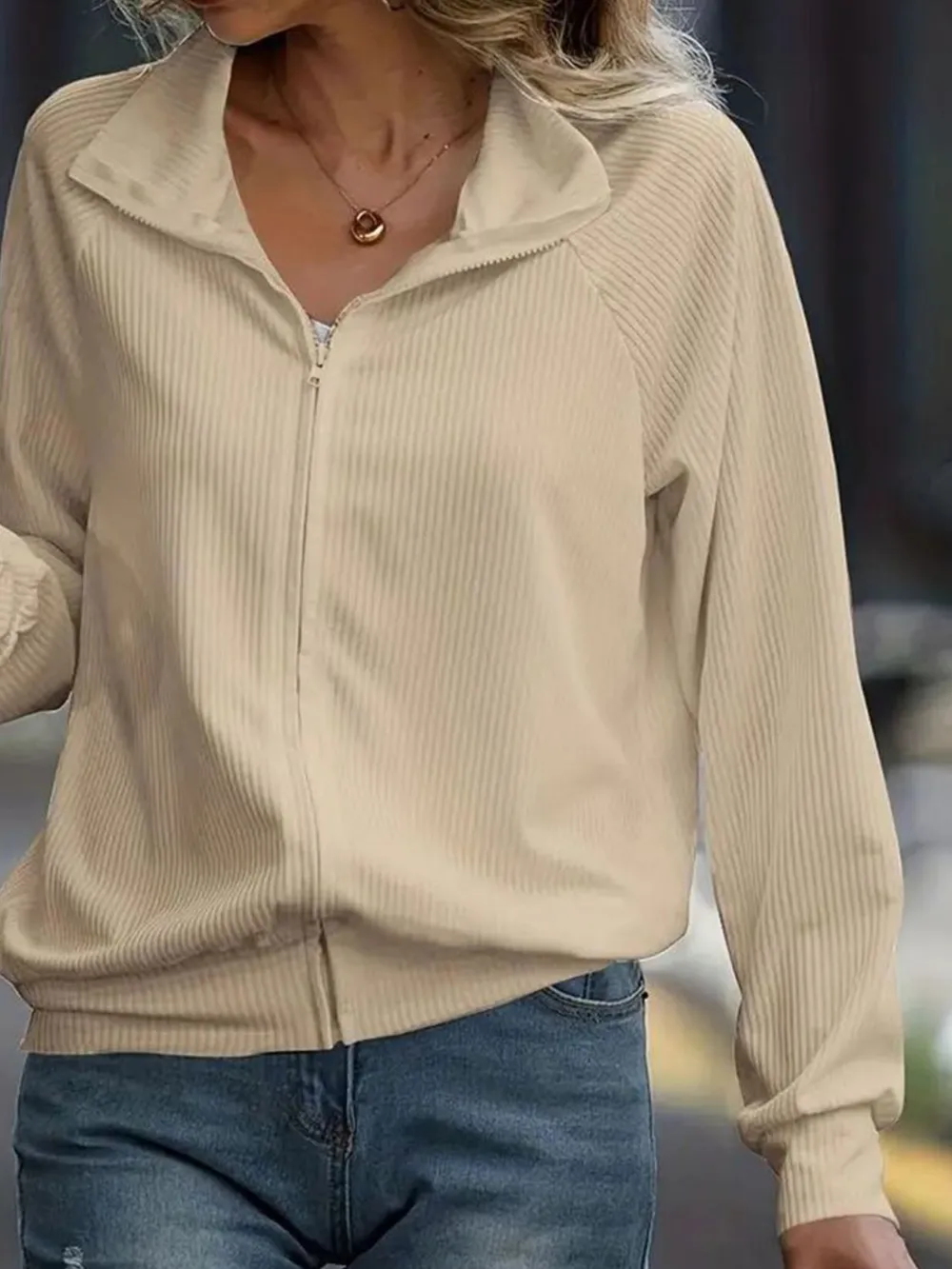 Zip Up Collared Neck Raglan Sleeve Jacket, image 7