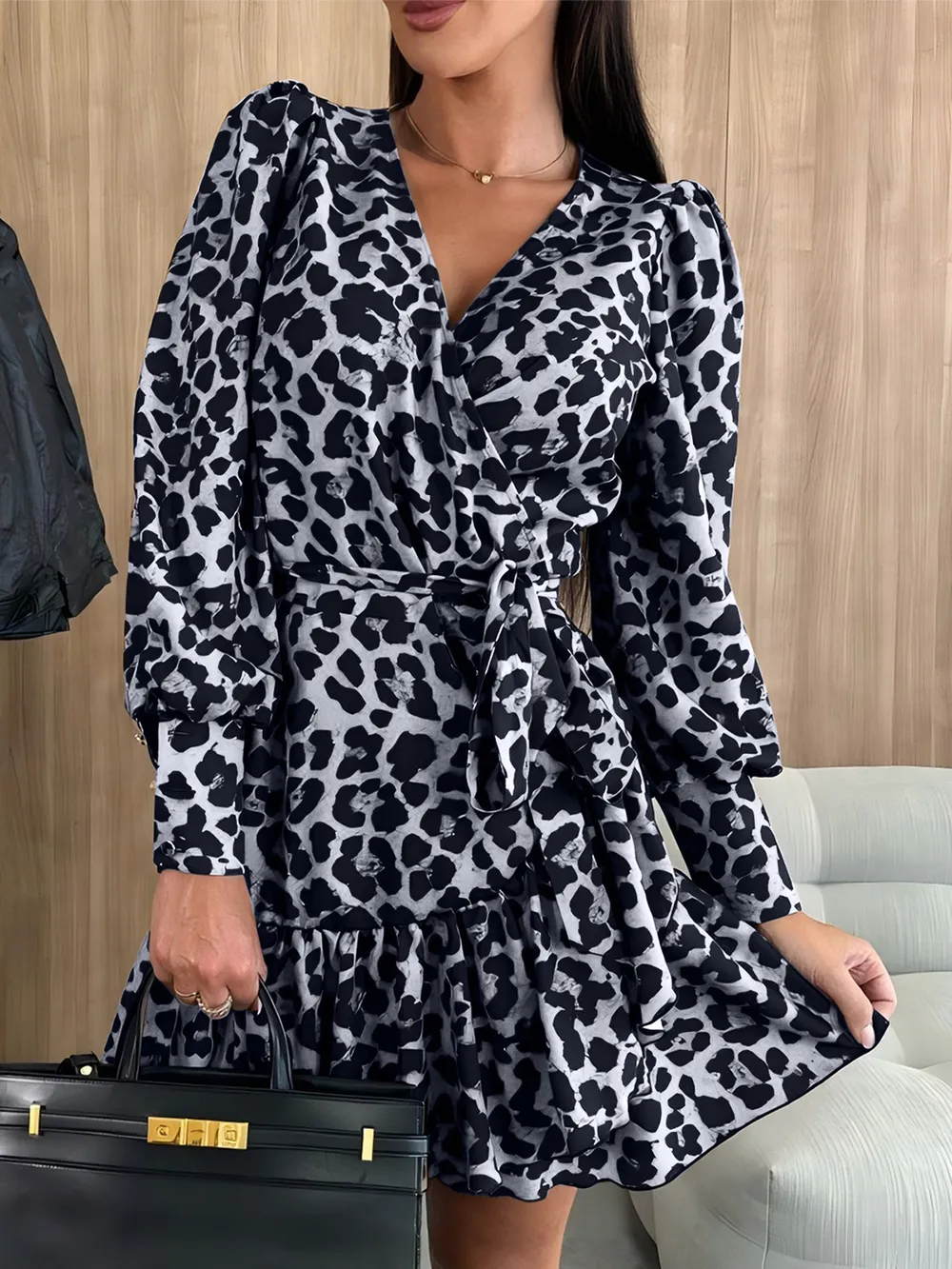 Tied Leopard Surplice Long Sleeve Dress, image 9
