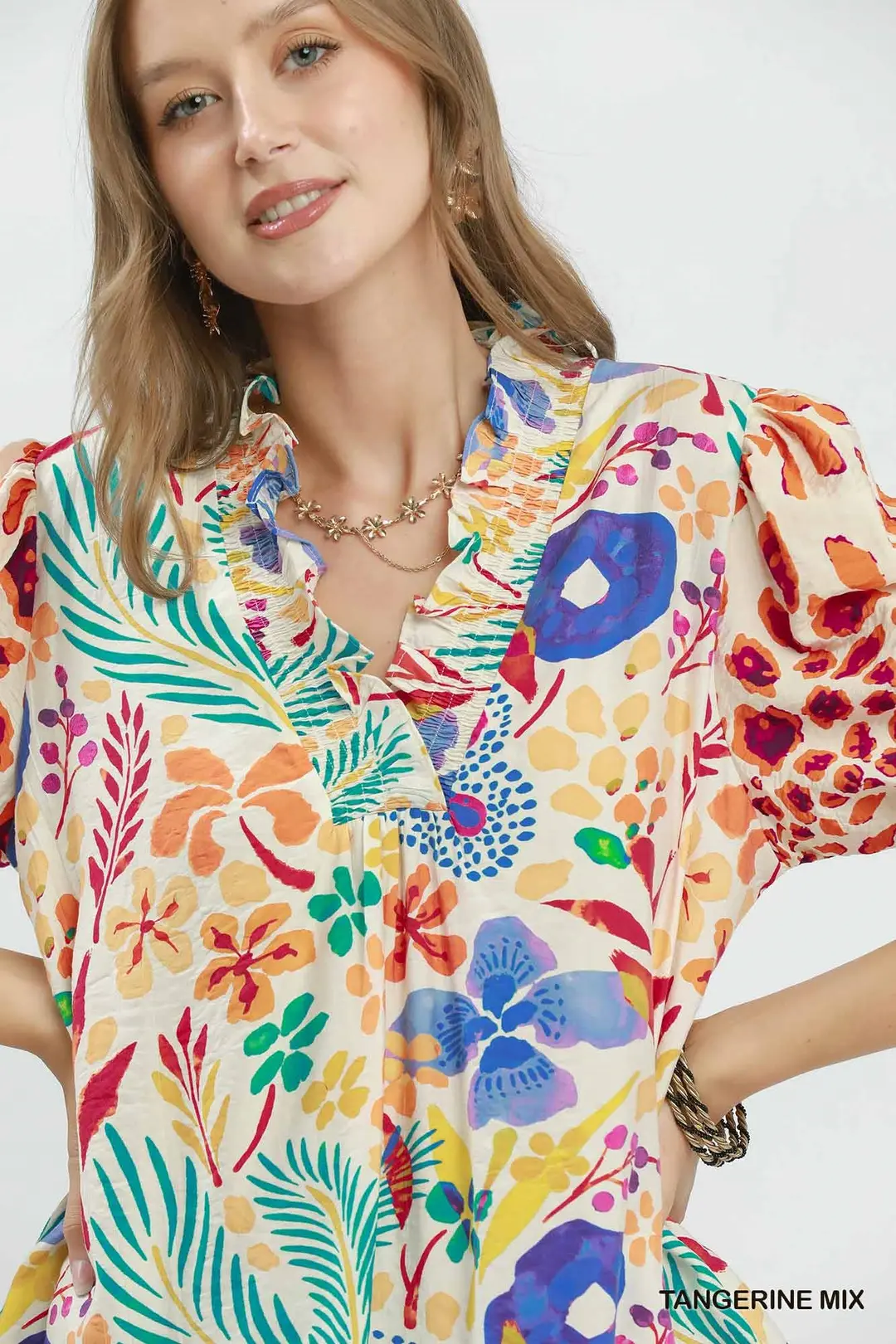 V-Neck Ruffle Trim Puff Sleeve Top, image 4