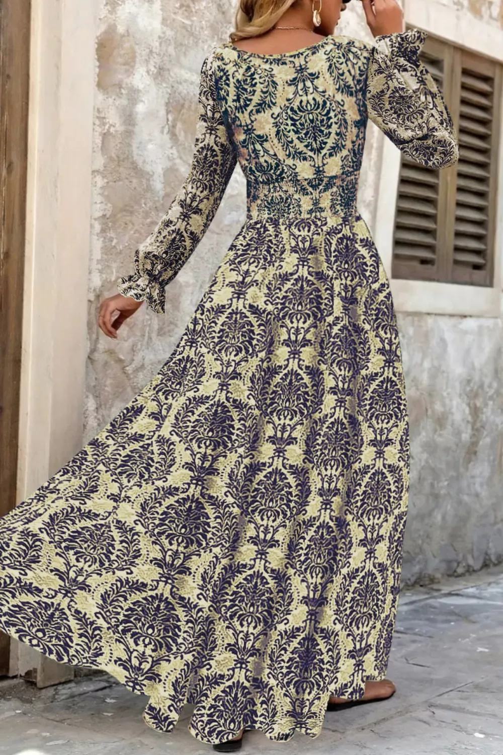 Printed V-Neck Long Sleeve Maxi Dress, image 2