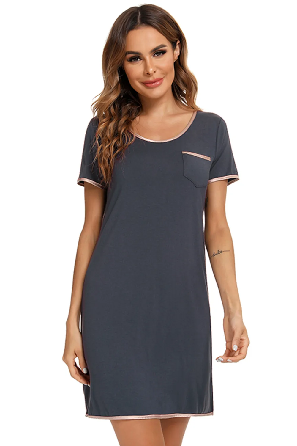 Contrast Trim Pocketed Round Neck Lounge Dress, image 6