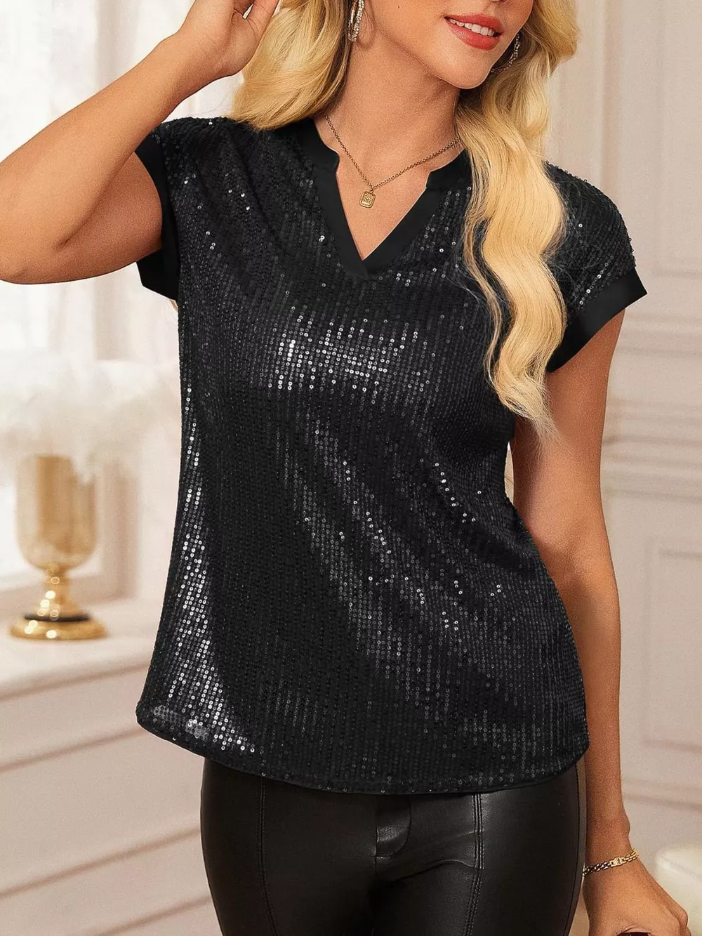 Sequin Notched Cap Sleeve Blouse, image 15