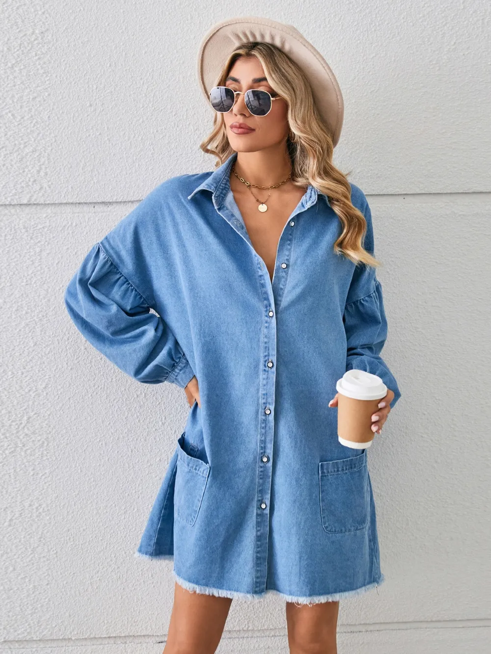 Button Up Pocketed Raw Hem Denim Dress, image 3