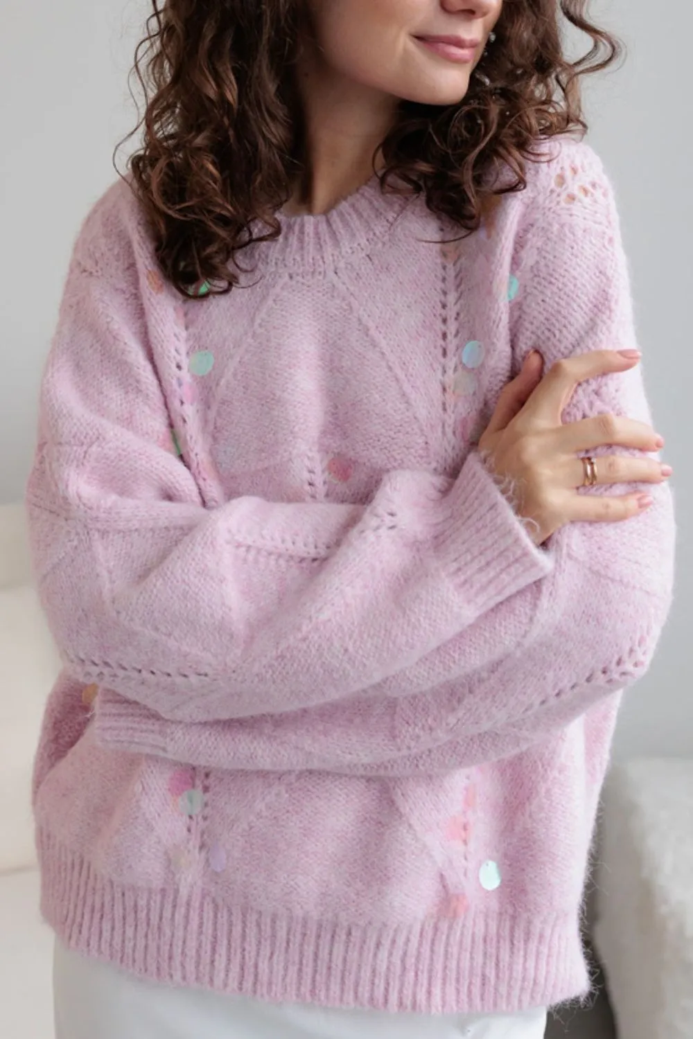 Sequin Round Neck Long Sleeve Sweater, image 2