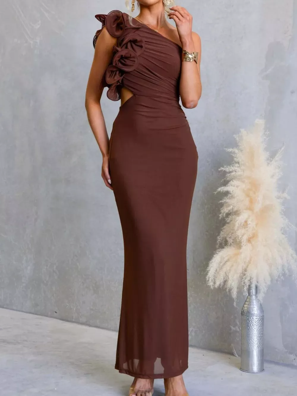 One-Shoulder Floral Trim Sleeveless Maxi Dress, image 15