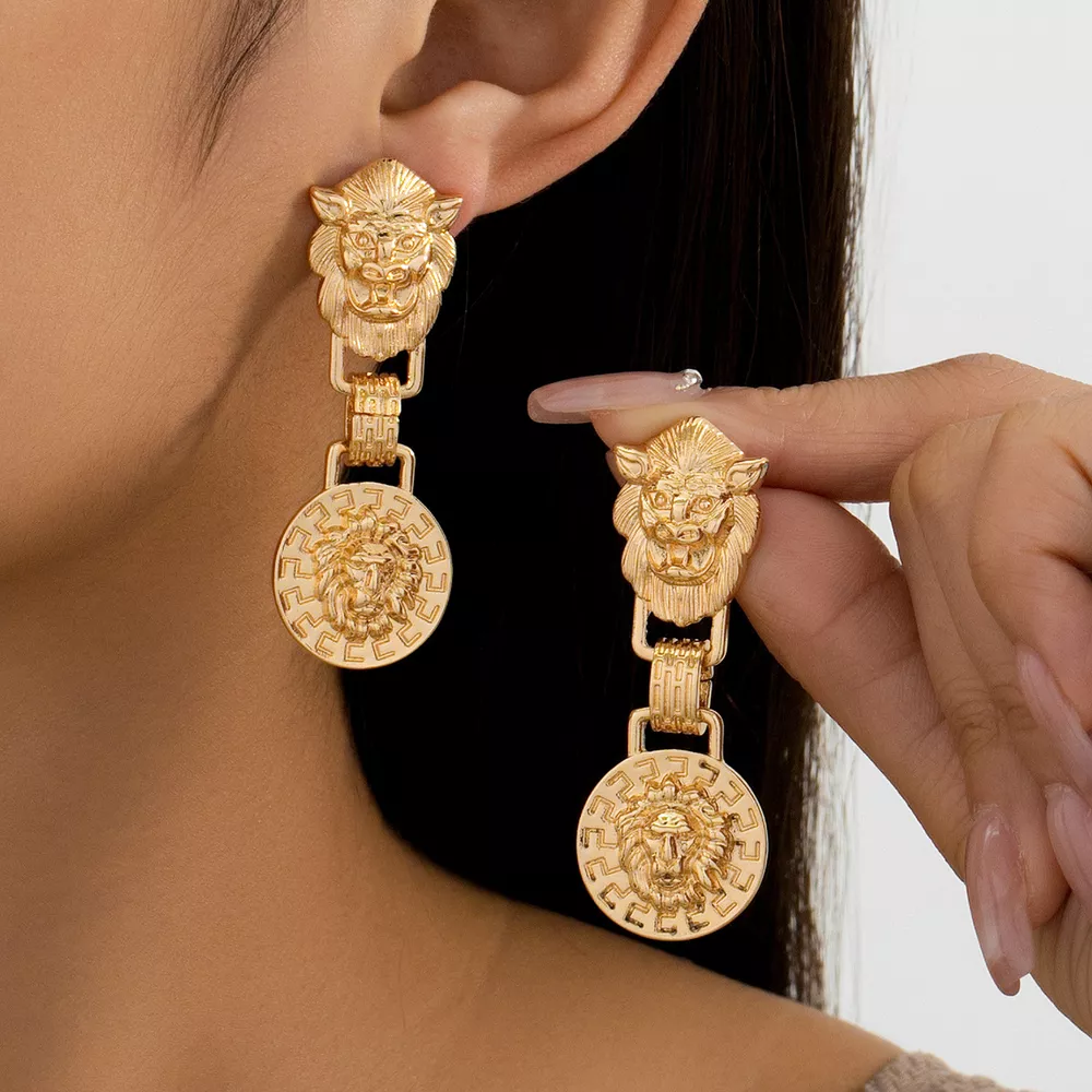 18K Gold-Plated Lion Head Medallion Drop Earrings