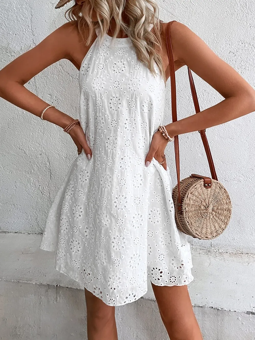 Eyelet Grecian Neck Mini Dress, image 4