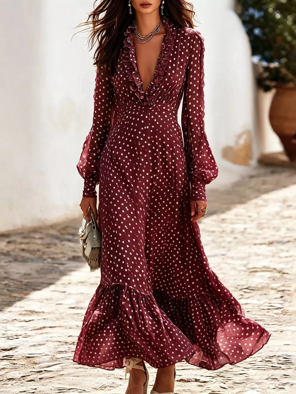 Full Size Polka Dot Ruffle V-Neck Maxi Dress Plus Size, image 16