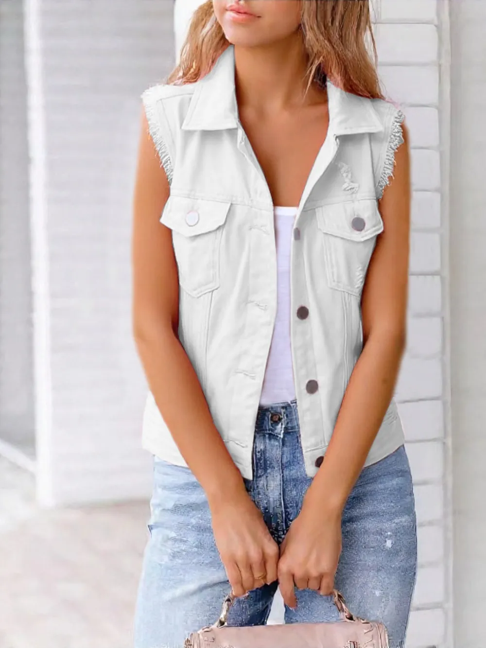 Full Size Sleeveless Frayed Denim Vest Jacket Plus Size, image 3