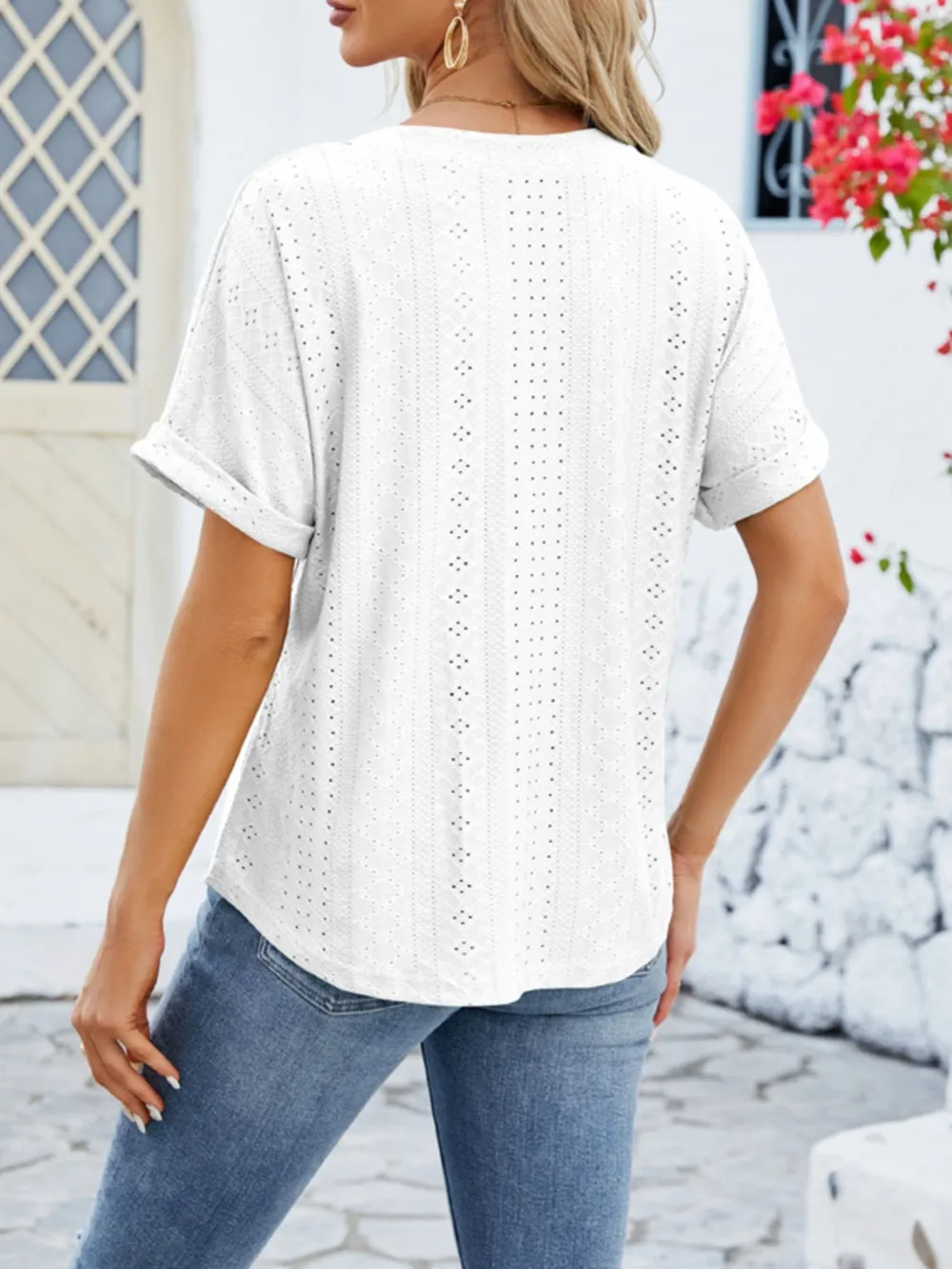 Eyelet Notched Short Sleeve Blouse, image 4
