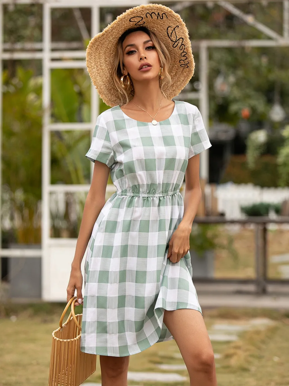 Smocked Plaid Round Neck Short Sleeve Dress, image 4