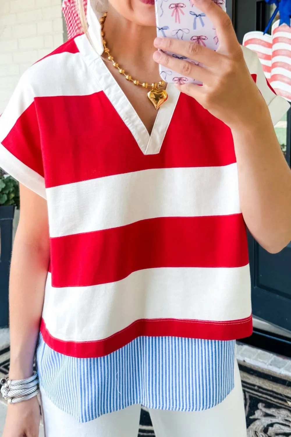 Stripe Collar V Neck Cuffed Dolman Short Sleeve Top, image 5
