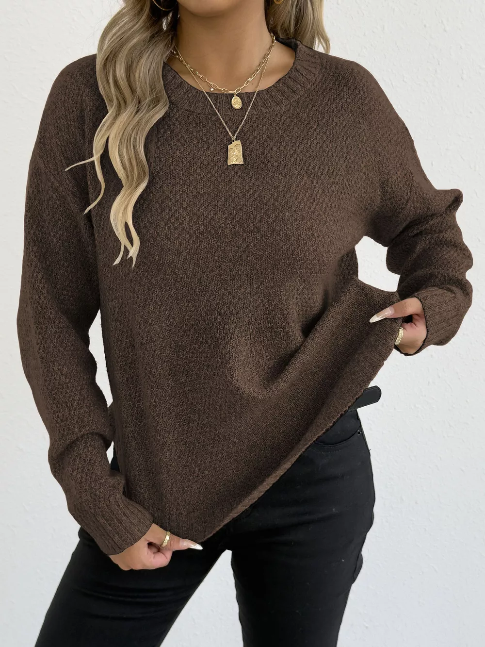 Textured Knit Relaxed Fit Round Neck Sweater, image 12