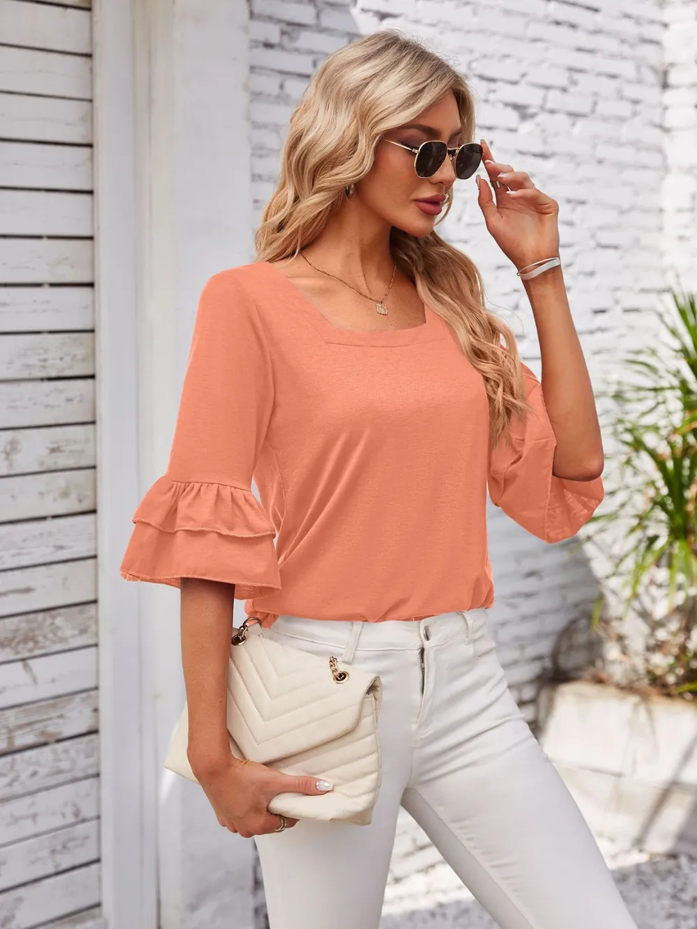 Ruffled Suqare Neck Half Sleeve Blouse, image 7