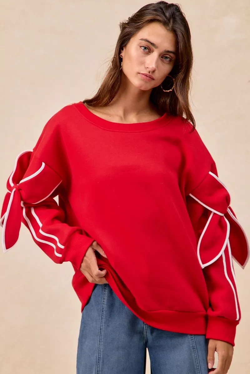 Bow Detail Sleeves Fleece Sweatshirt, image 4