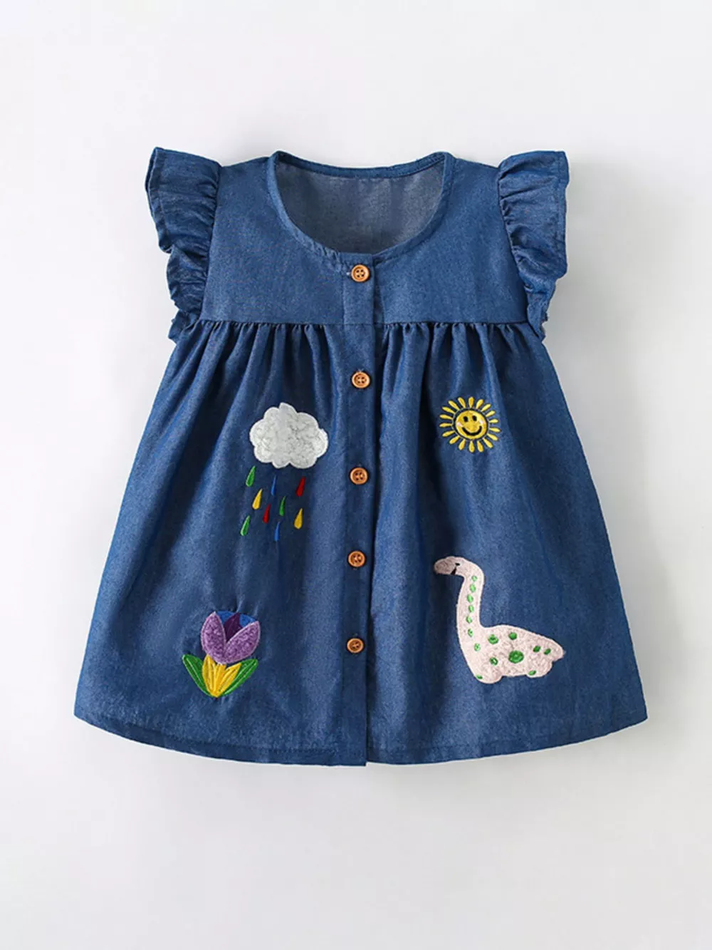 Children's Embroidered Denim Button-Front Dress