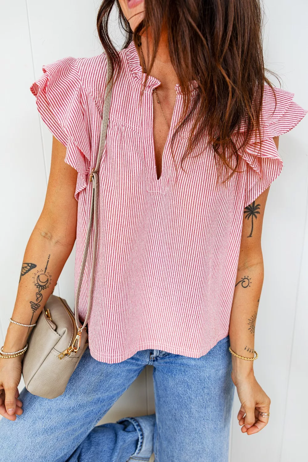 Stripe Frilly Split Neck Double Ruffled Short Sleeve Blouse, image 2