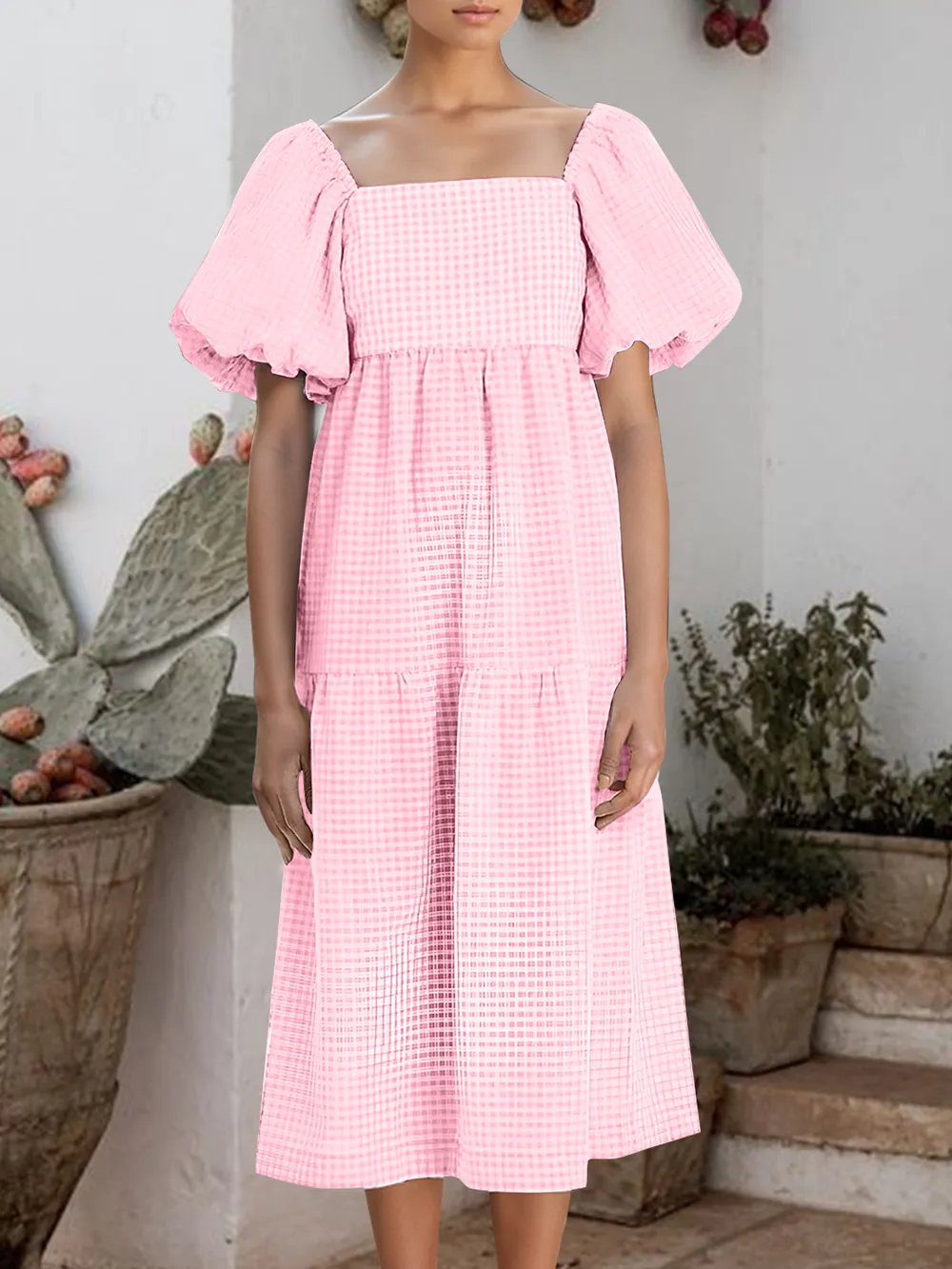 Plaid Square Neck Short Sleeve Dress, image 3
