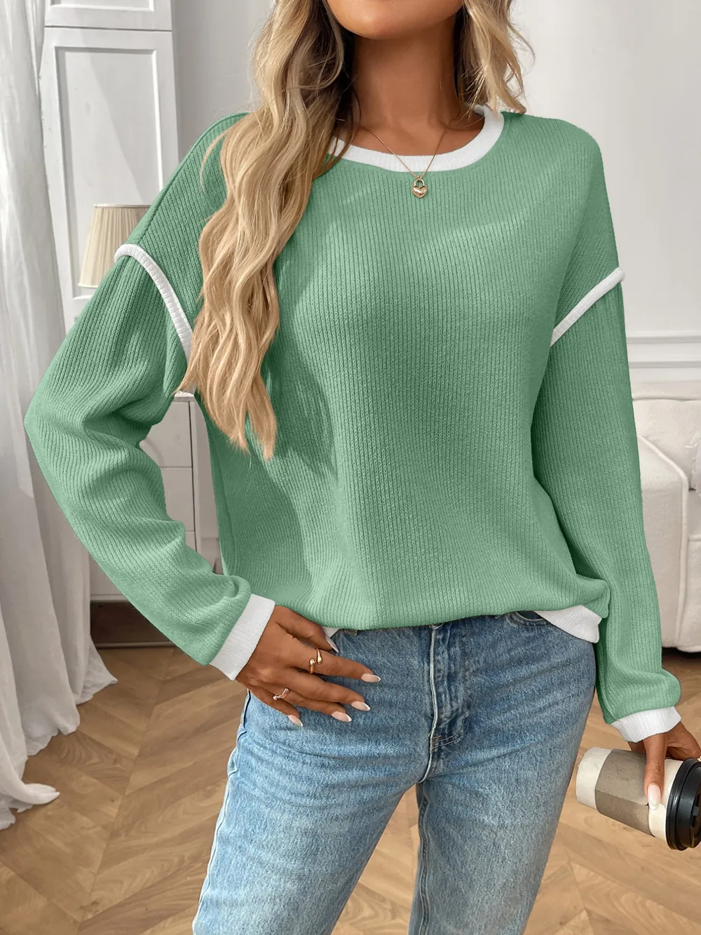 Ribbed Contrast Trim Long Sleeve Top, image 11