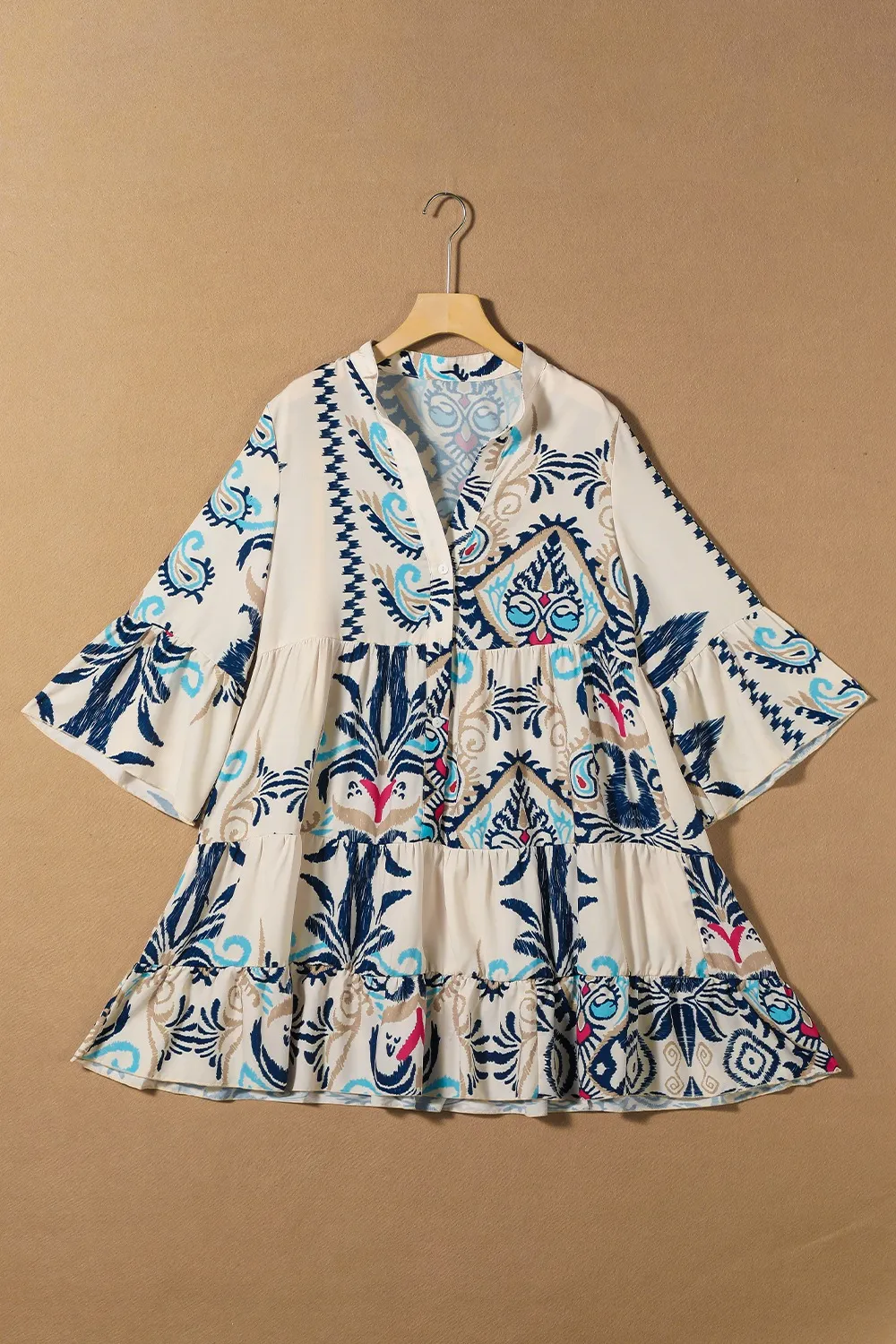 Printed Notched Three-Quarter Sleeve Mini Dress, image 3