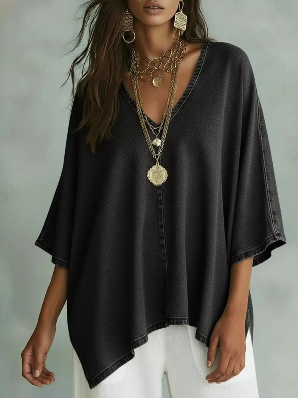 V-Neck Batwing Sleeve T-Shirt, image 3