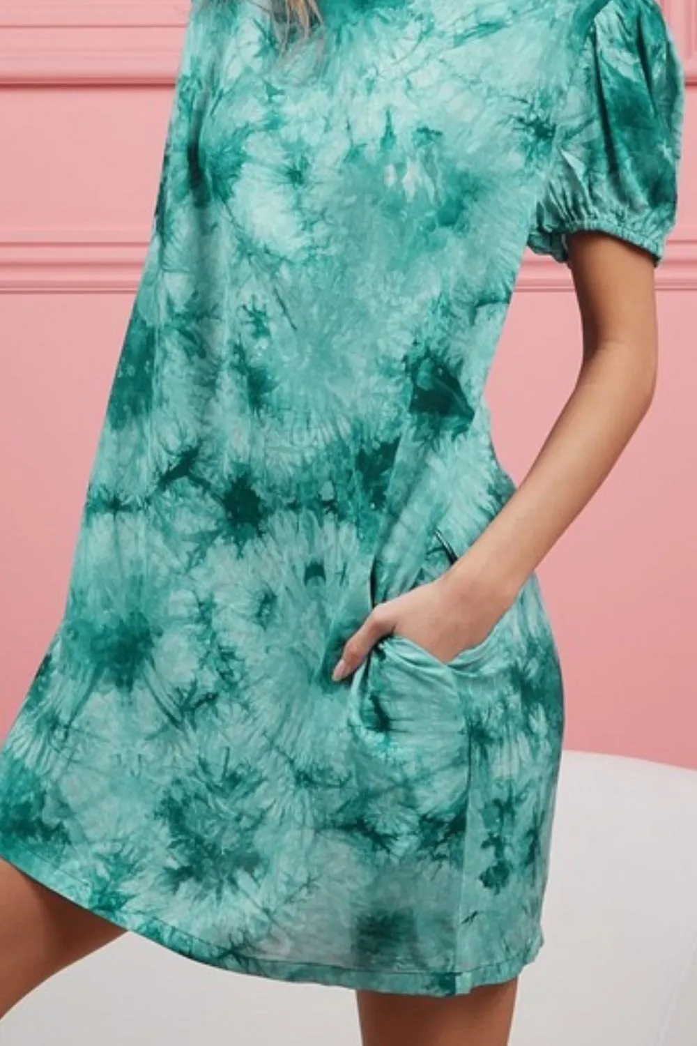 Puff Sleeve With Side Pockets Tie Dye Dress, image 3