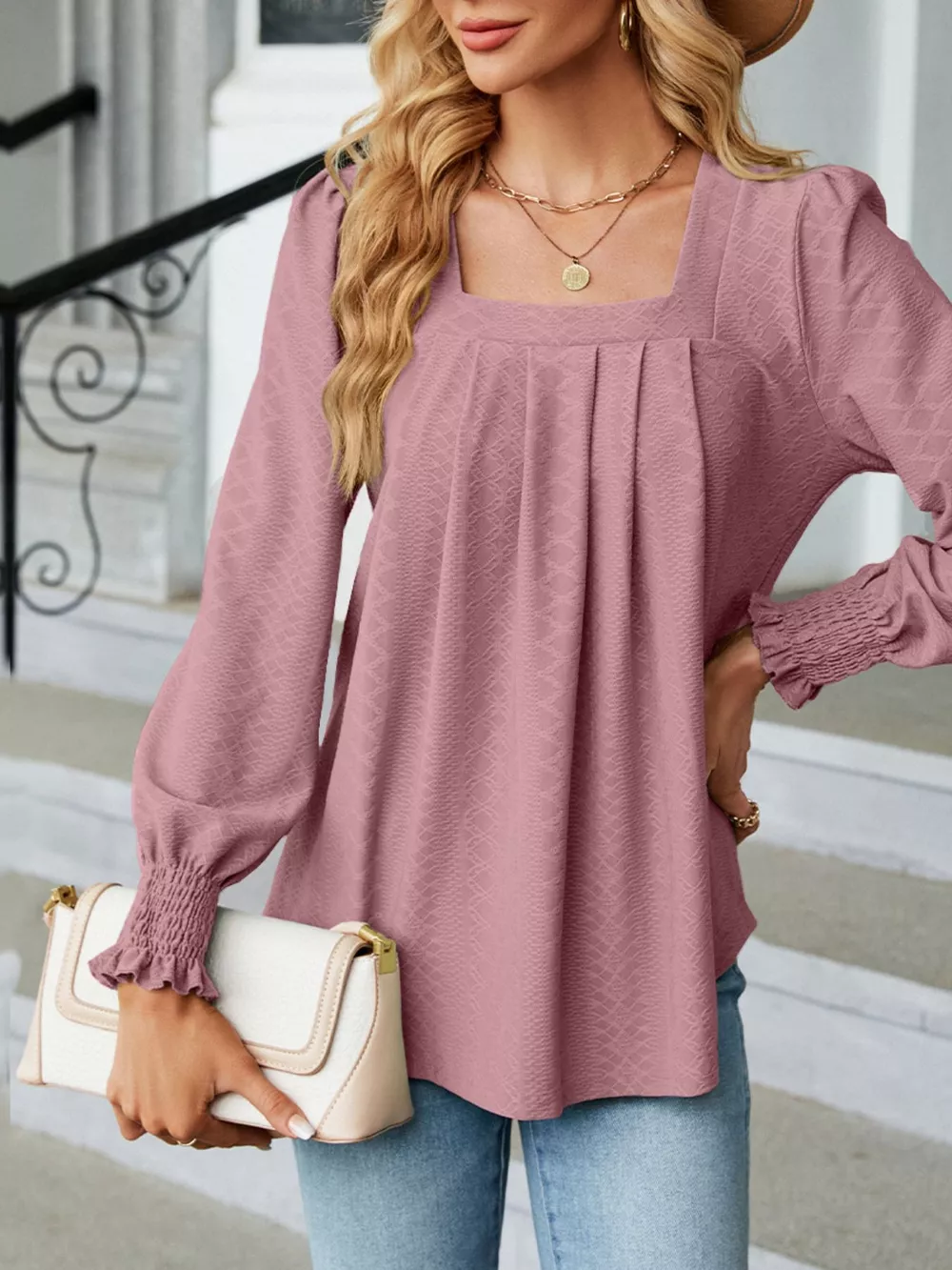 Pleated Square Neck Long Sleeve Top, image 19