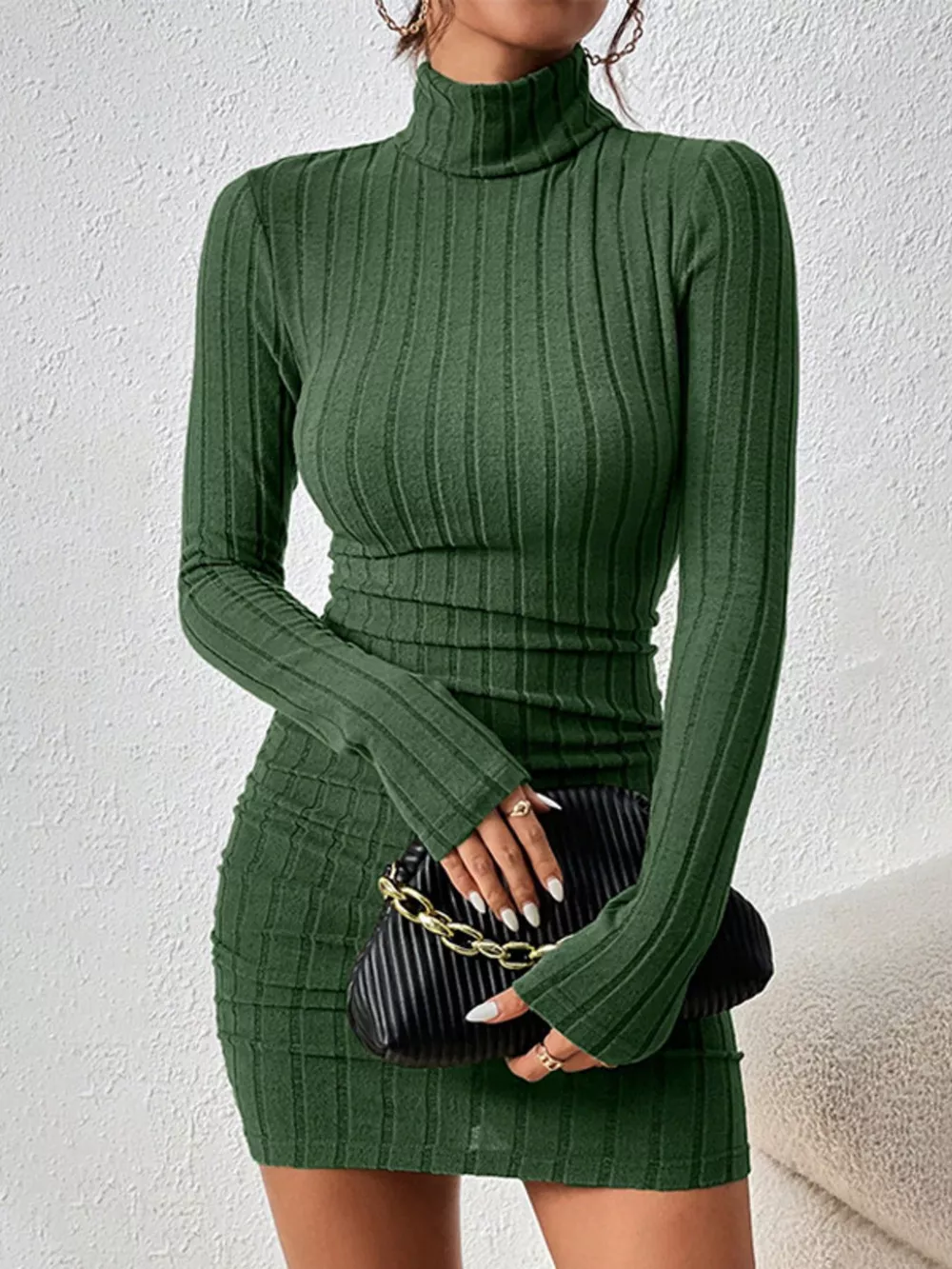 Turtleneck Ribbed Bodycon Mini Dress, image 8