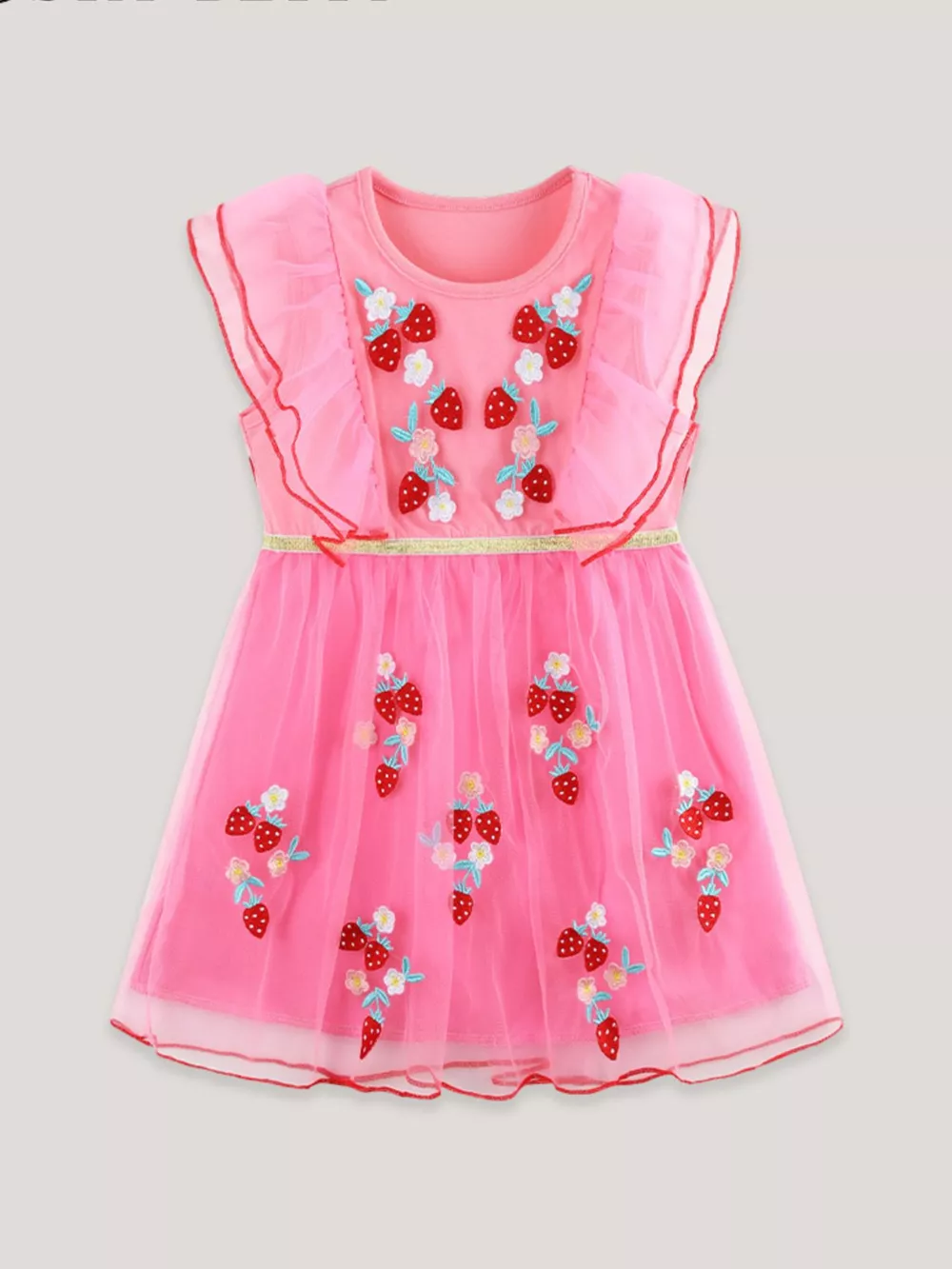 Children's Strawberry Embroidered Ruffle Sleeve Tulle Dress, image 2