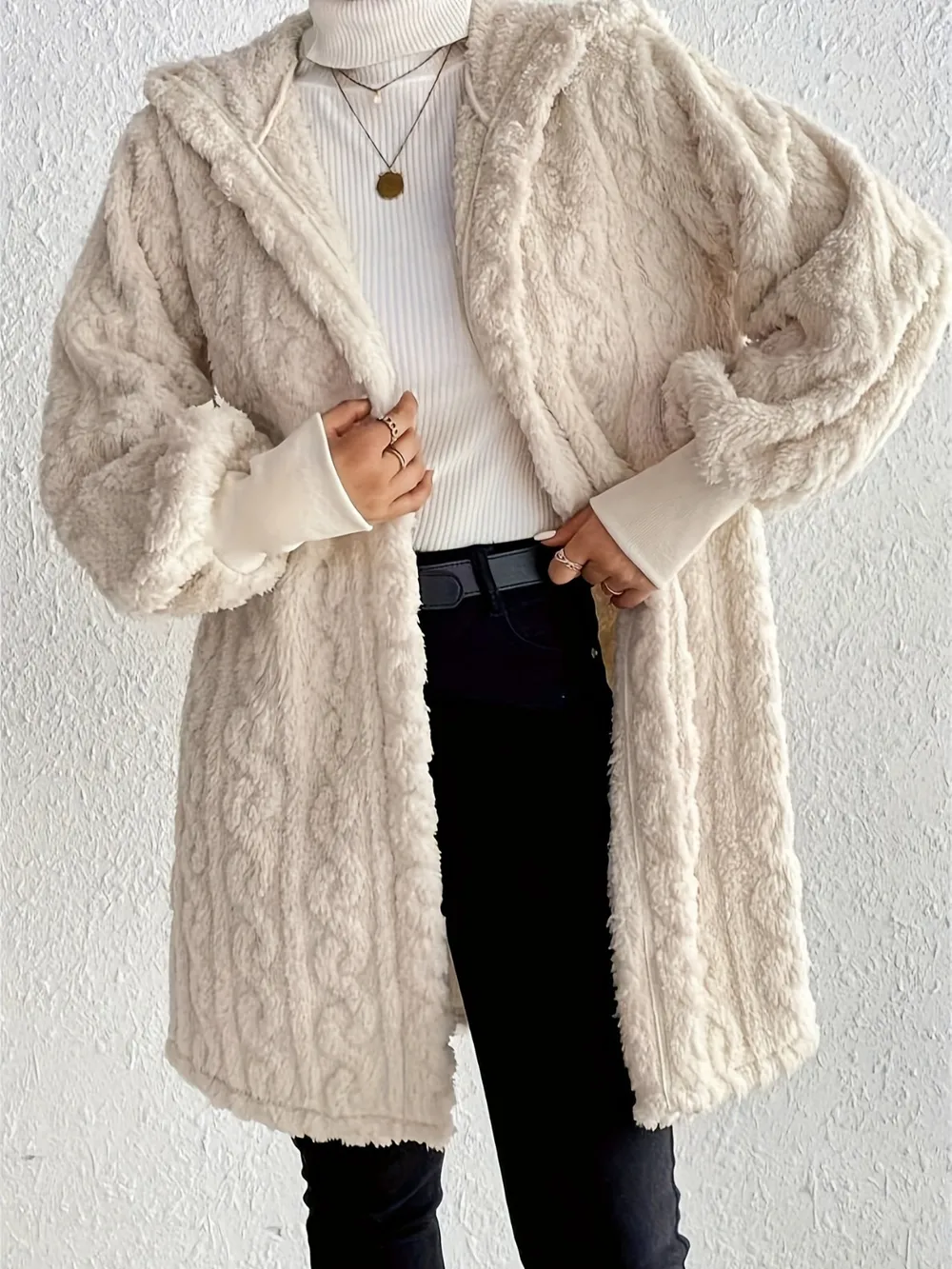 Open Front Long Sleeve Fuzzy Hooded Jacket, image 5