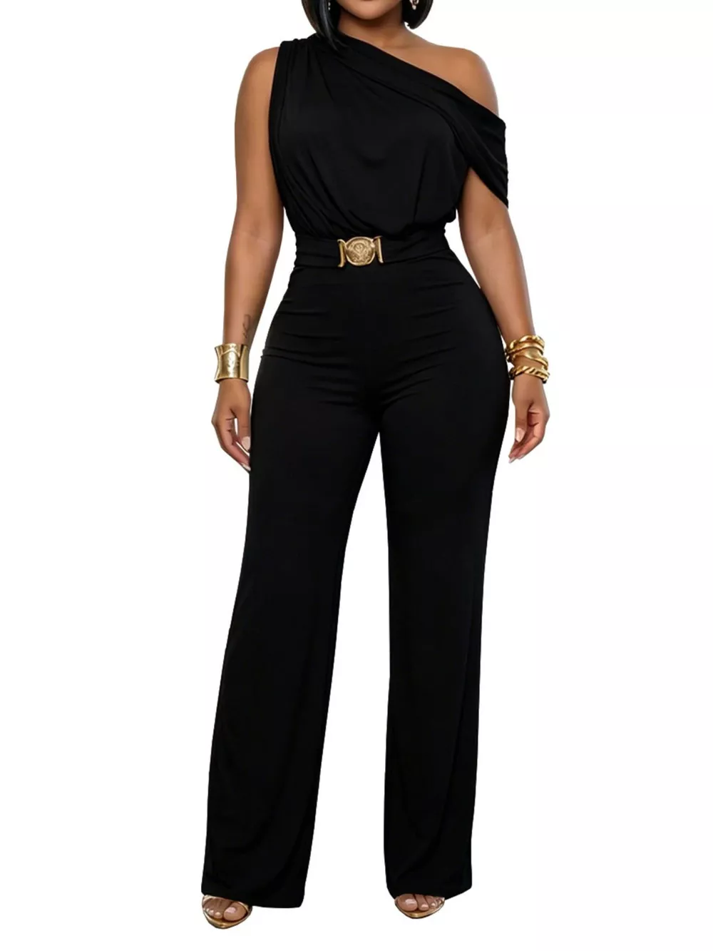 One-Shoulder Draped Wide Leg Jumpsuit, image 8