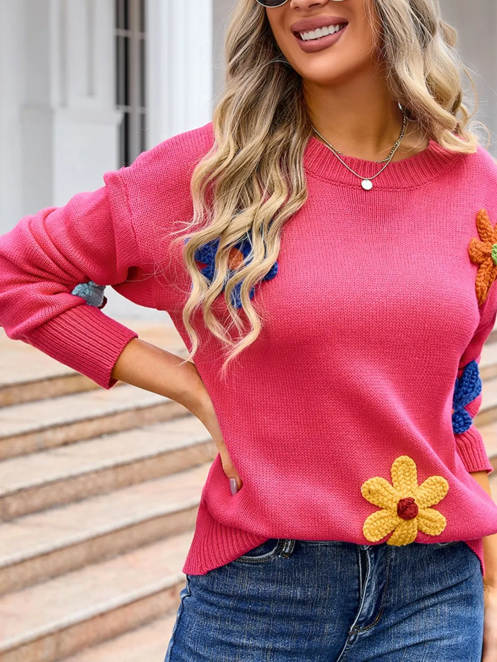 Crochet Flower Round Neck Sweater, image 9