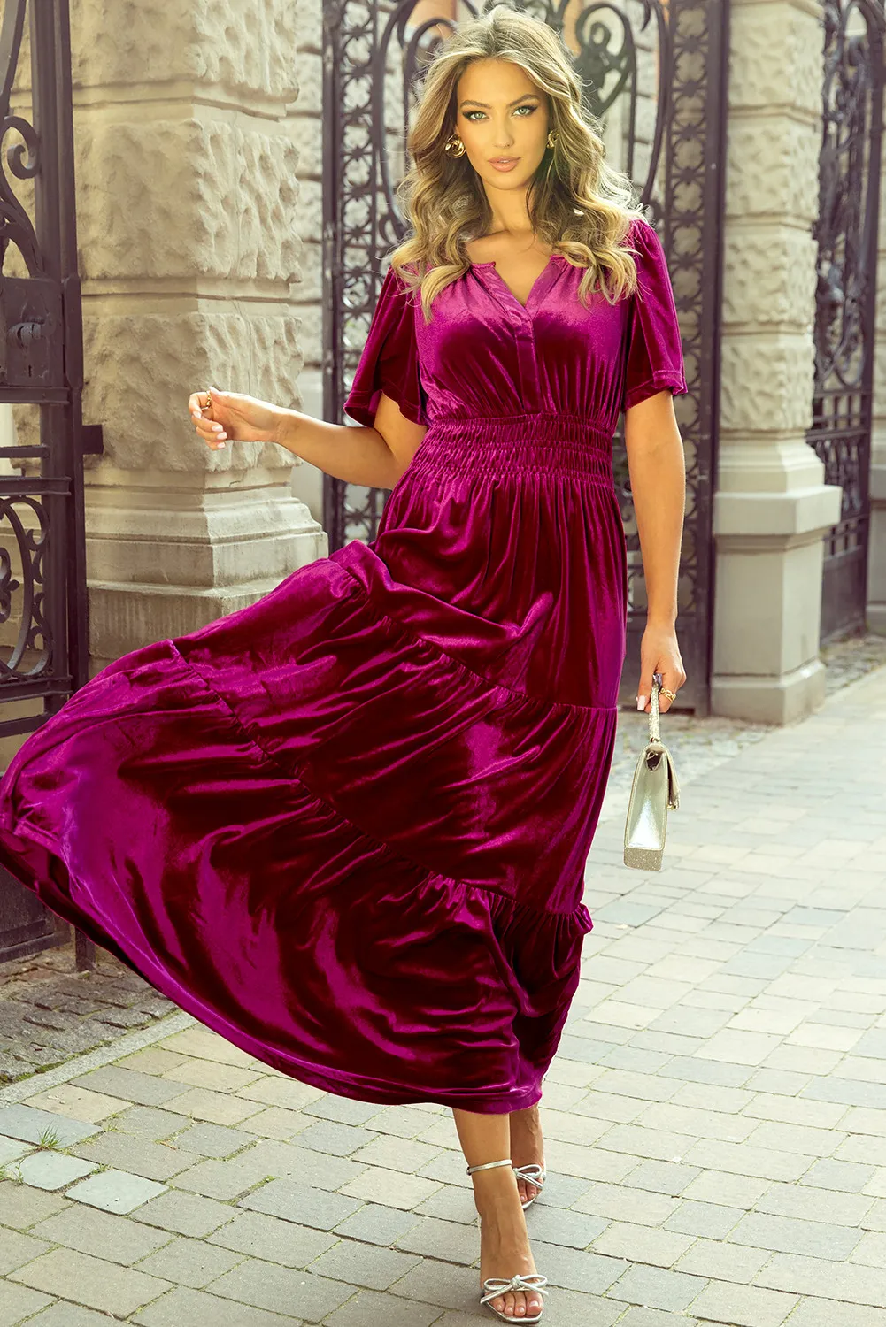 Tiered Notched Short Sleeve Dress with Pockets, image 6