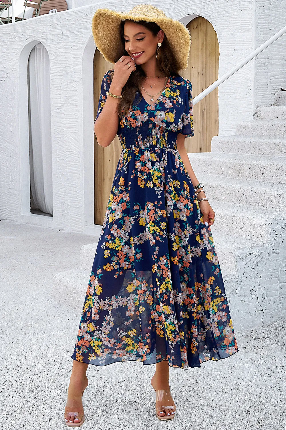 Smocked Floral V-Neck Short Sleeve Dress, image 10