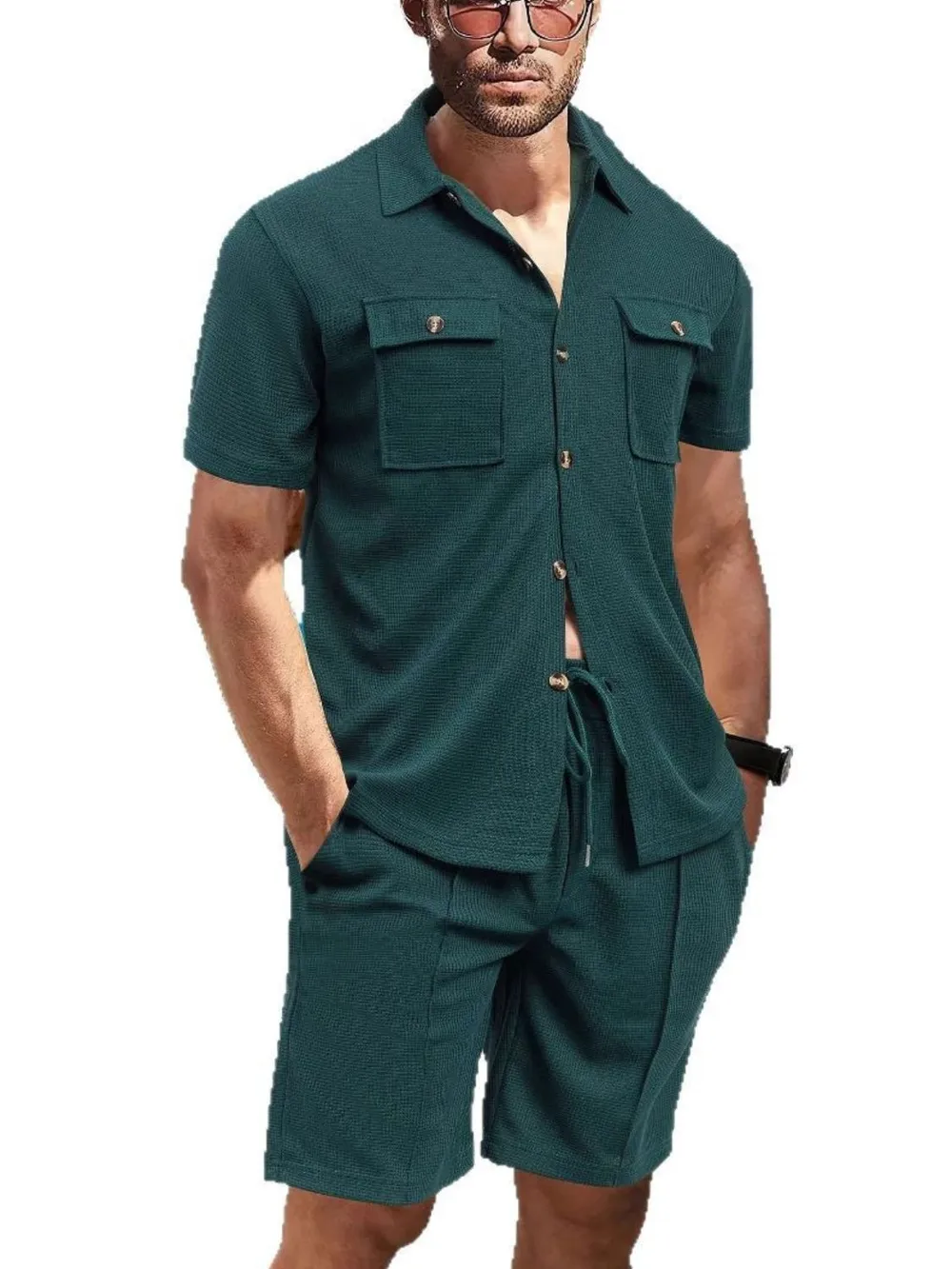 Men's Full Size Button Down Short Sleeve Top and Shorts Set Plus Size, image 3