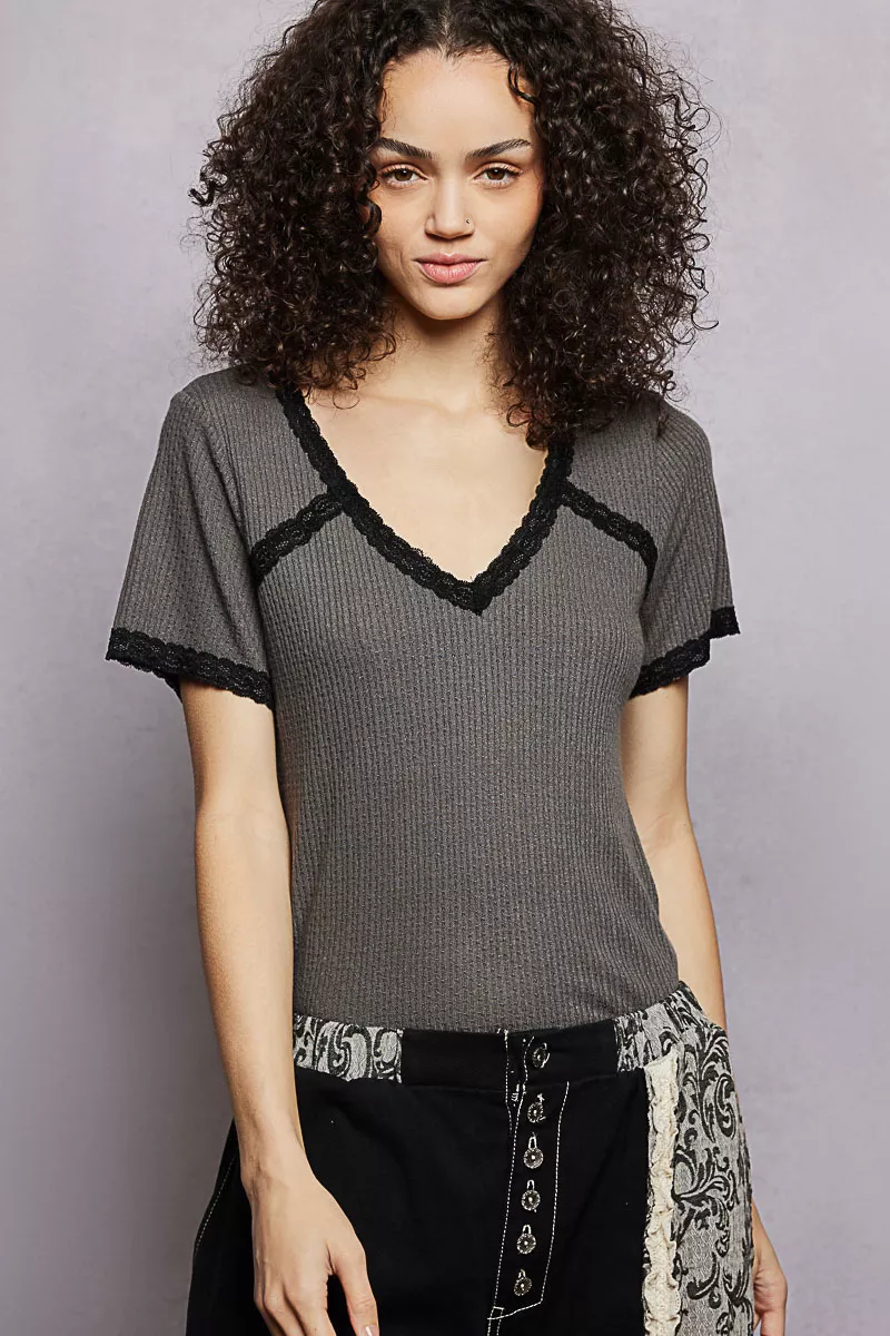 Lace Detail V-Neck Short Sleeve Textured T-Shirt, image 5