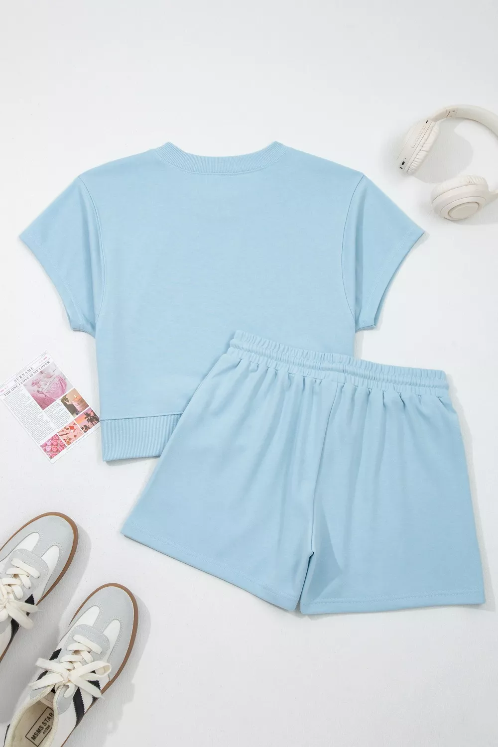 Solid Color Loose Tee Drawstring Shorts 2pcs Outfit Set, image 4
